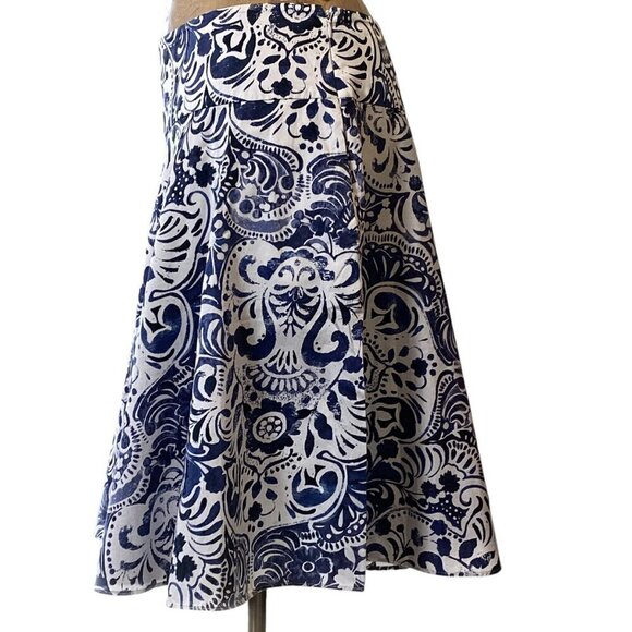 LRL Ralph Lauren Cotton Floral Flare Skirt Sz 8P Blue & White #328F - Picture 3 of 8